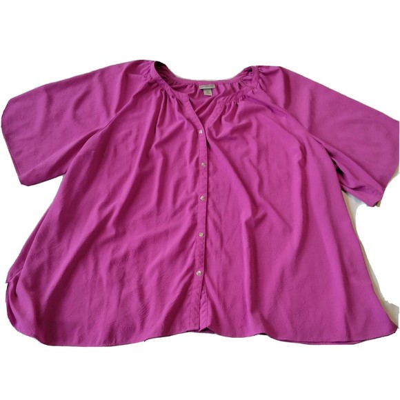 Catherines Shirt Top Blouse 5X 34W 36W Fuchsia Pink Textured Stretch Short Slv - Picture 1 of 12